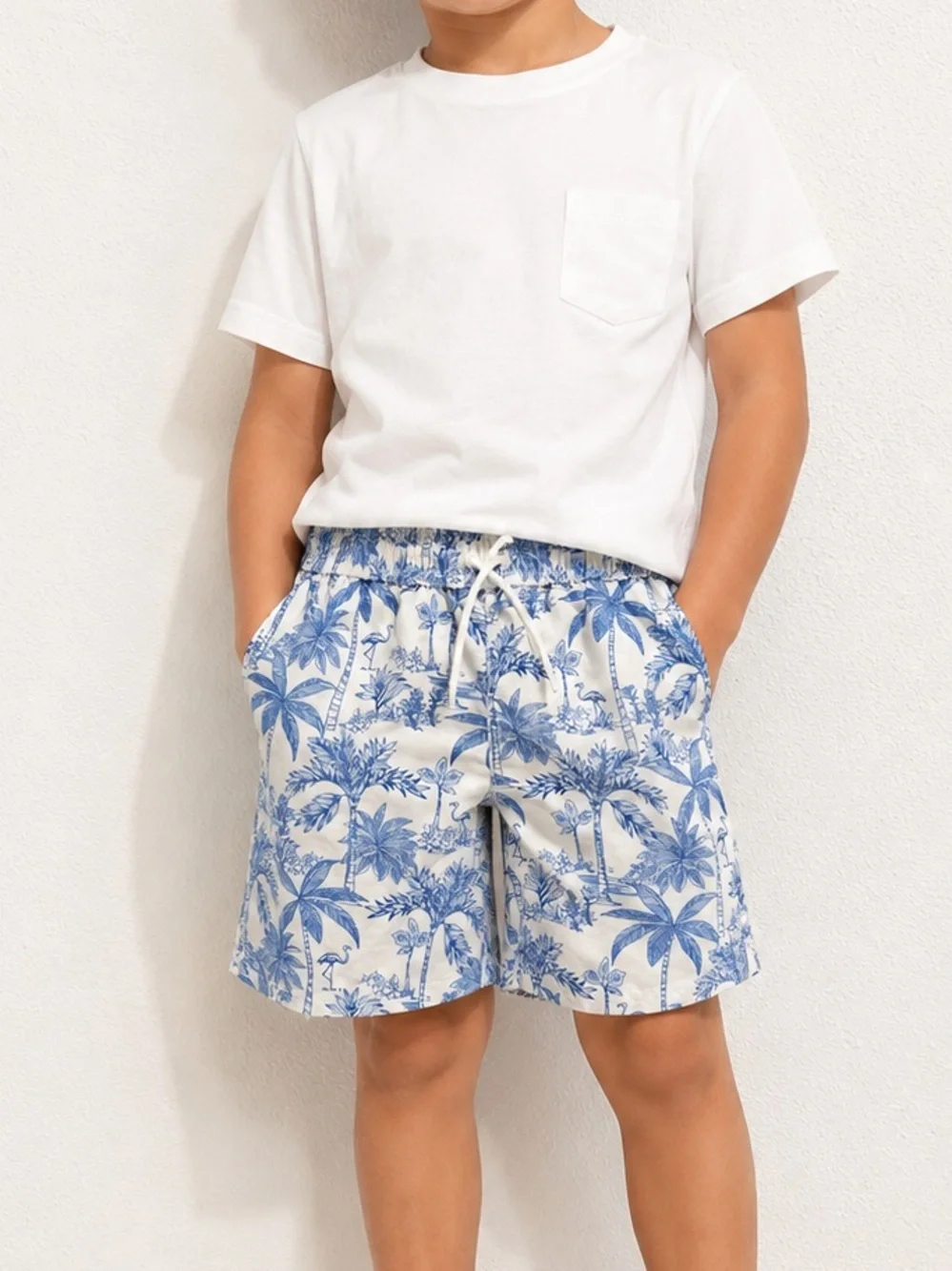 Janie and Jack Blue Palm-Print Drawstring Swim Shorts 8T
